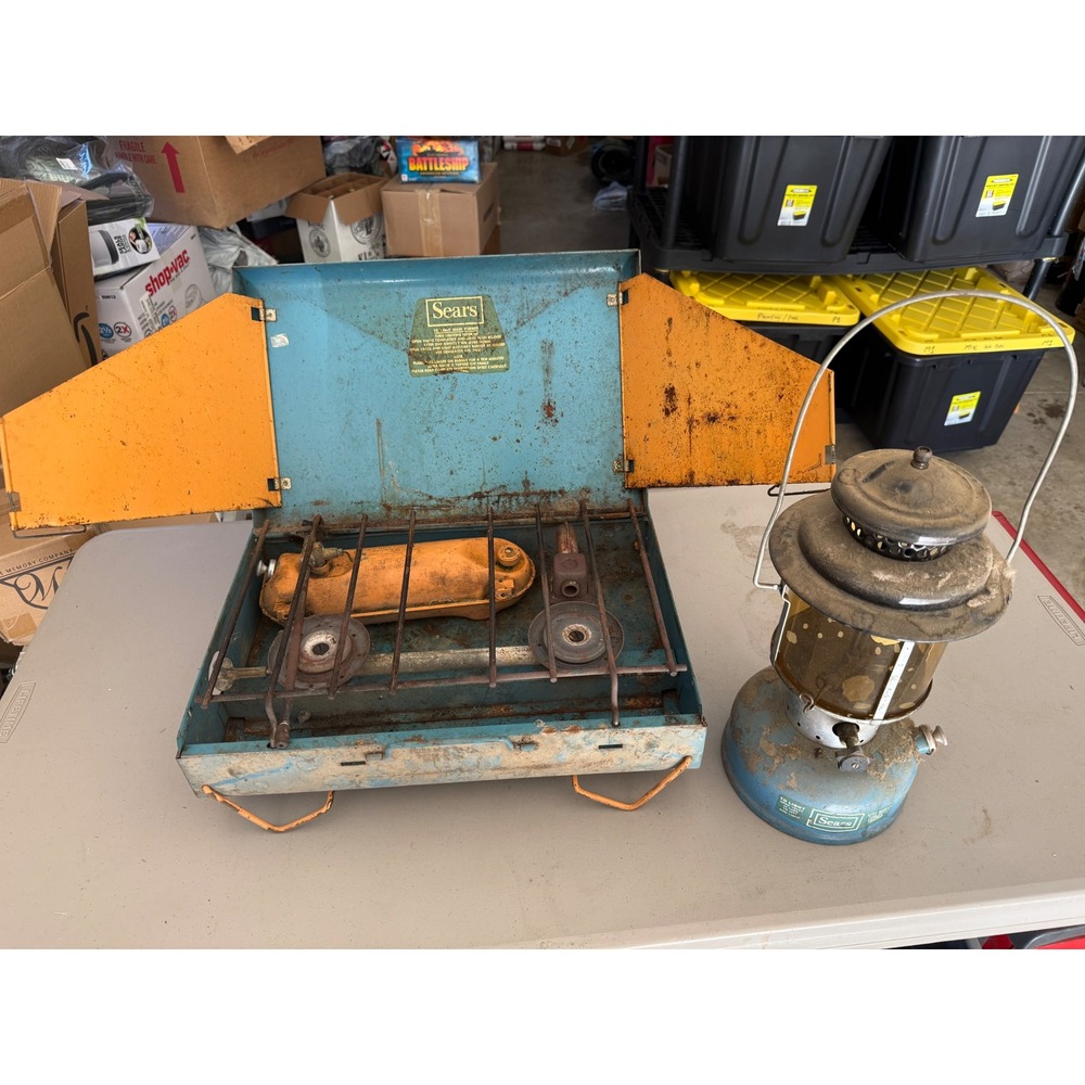 Vintage Sears Camping Stove and Lantern Set Blue Propane 2 Burner Untested